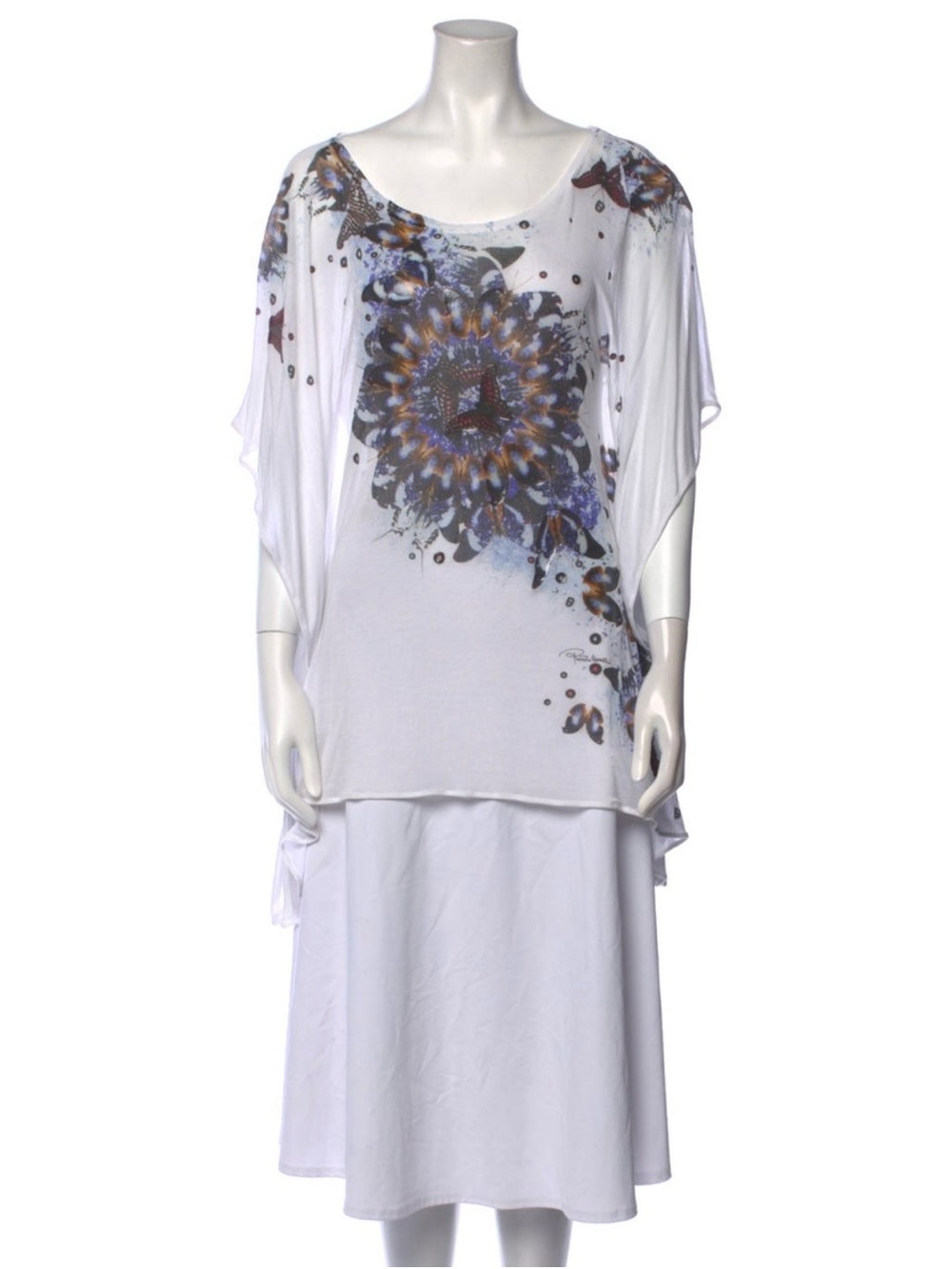 Roberto Cavalli White Tunic with Blue and Brown Floral Medallion
